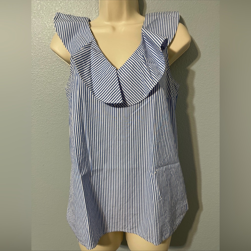 J.Crew Ruffle Collar Blue White Striped Sleeveless Top Coastalcore Size 0 Preppy